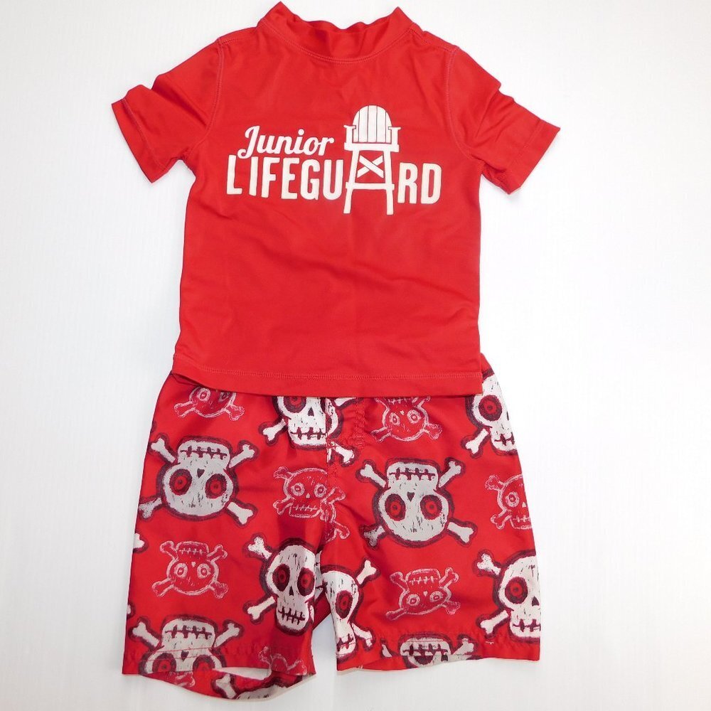 Old Navy Red White Skull Swim Trunks Rash Guard Shirt Toddler Boy 2T